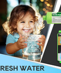 Child drinking water next to All In One RV Water Hookup Kit With Pressure Regulator Inline Filter Hose Splitter Flexible Connector And Quick Connect