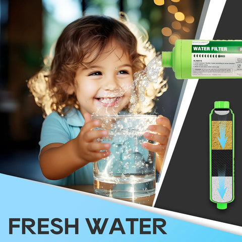 Child drinking water next to All In One RV Water Hookup Kit With Pressure Regulator Inline Filter Hose Splitter Flexible Connector And Quick Connect