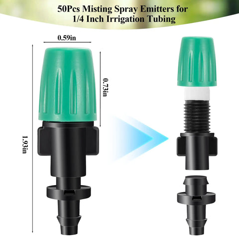 50 Pcs Adjustable Atomizing Nozzles For 1/4 Inch Drip Irrigation Tubing, close-up view of micro mist emitters.