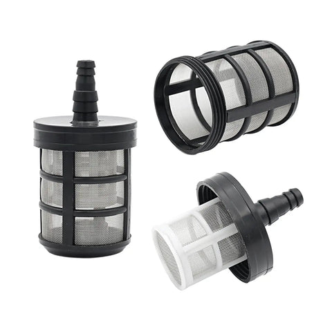 Two Pack Household Hose Filters With 60 Mesh Stainless Steel Inlet Strainers For Sprayers Car Washers Oil Pumps And Industrial Equipment Double Layer Screen Filters 3/8 Inch And 1/2 Inch Barb Connections - three filter pieces displayed