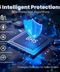 Image showing 5 intelligent protections for 12V 100Ah LiFePO4 Battery with Built In 100A BMS Group 31 Compatible, emphasizing safety features.