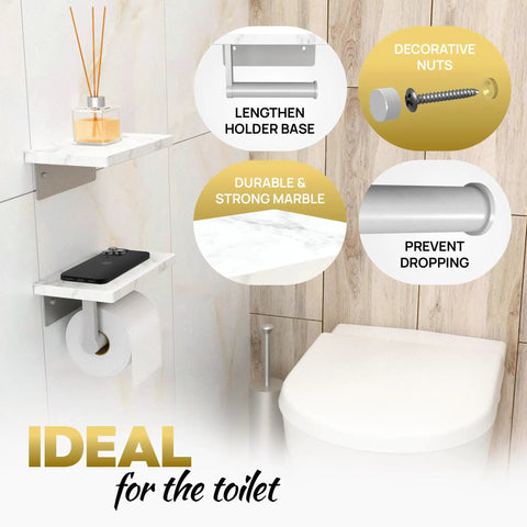 Total Game Changer, Two Shelf Wall Mounted Toilet Paper Holder With Natural Marble Top And Sleek Nickel Finish showing marble shelves and toilet paper rack.