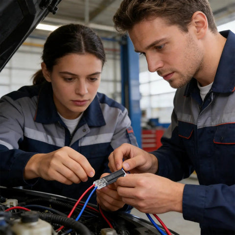 Engineers using Double Wire Plug In Connectors With Locking Buckle No Wire Stripping Required Quick Connect Two Pin Electrical Splice