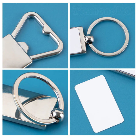 Close-up of 10 Pack Sublimation Blanks Keychains Aluminum Bottle Opener Transfer Key Rings For Custom DIY Gifts And Dope Crafts