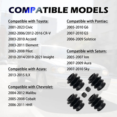 Compatibility list and kit image for 4PCS Rubber Brake Caliper Slide Pin Bushing Kit for various car models.