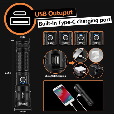 Rechargeable LED Flashlight 20000 Lumen XHP70 Quad Core Handheld Torch with USB Type C Quick Recharge for long range use