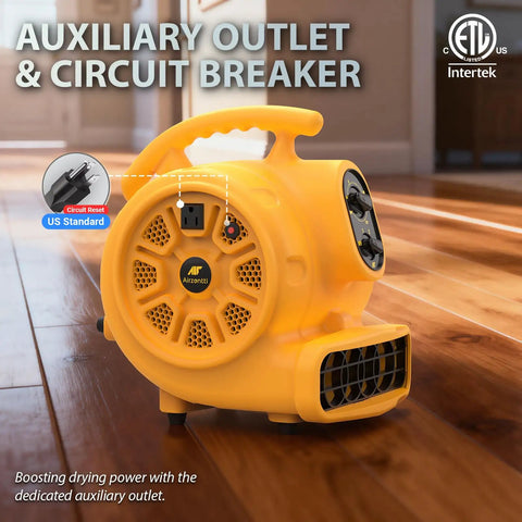 Heavy Duty Floor Blower Beast With 1100 CFM 1/4 HP 200W 115V For Carpet Drying and Water Damage Restoration, yellow utility fan on floor