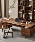 Top Shelf Solid Wood Office Desk Featuring Expert Mortise Tenon Joinery Delivers Serious Flex For Your Home Workspace Or Apartment Studio While Keeping Your Gear Neat And Tidy - Compact walnut desk with drawers and laptop.