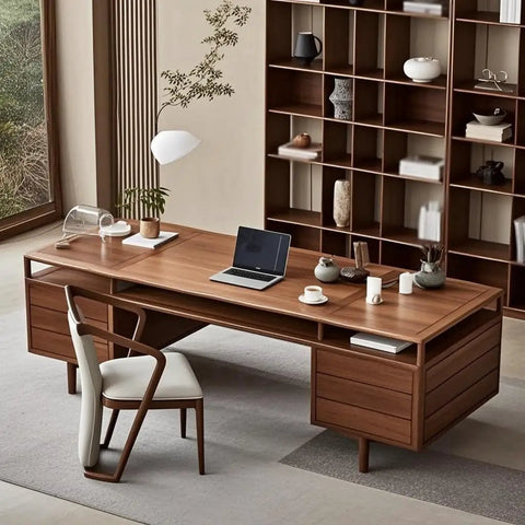 Top Shelf Solid Wood Office Desk Featuring Expert Mortise Tenon Joinery Delivers Serious Flex For Your Home Workspace Or Apartment Studio While Keeping Your Gear Neat And Tidy - Compact walnut desk with drawers and laptop.