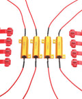 Front view: four orange 50W 6-ohm automotive load resistors with red leads and red quick-connects.
