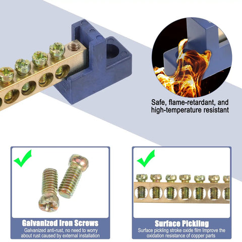 Beefy Ground Bar Kit 10 Positions For Electrical Panels Brass Terminal Block With Blue Insulated Base, flame-retardant feature displayed