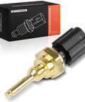 A-Premium engine coolant temperature sensor with brass body and black plastic connector, shown with packaging