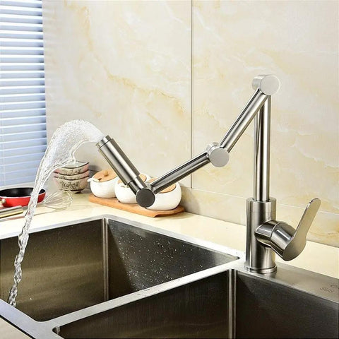 ZBSAVFM Lead-Free 304 Stainless Steel Articulating Kitchen Faucet - Hot & Cold 360° Rotating in modern kitchen setting.