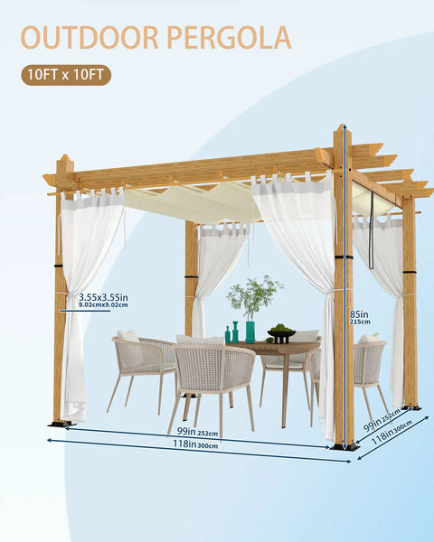 10x10 Ft Outdoor Pergola With Retractable Canopy, Metal Gazebo With Imitation Wood Grain Columns, Side Mesh Screens, Modern Backyard Pavilion In Beige And White Finish For Easy Outdoor Living And Hangouts