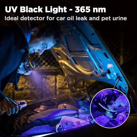 Person using a rechargeable penlight with 365nm UV black light under car hood, ideal for inspection and pet stain detection.