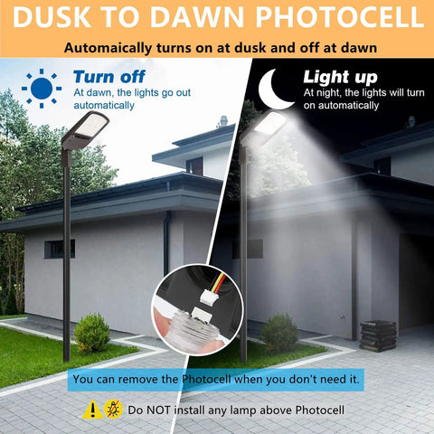 Hella Bright 200W Outdoor LED Parking Lot Light With Slip Fitter, 5000K Daylight, showing dusk to dawn photocell feature.