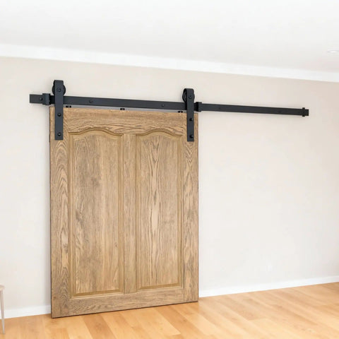 6.6 Ft Black Sliding Barn Door Hardware Kit with wooden door on track, showcasing smooth gliding motion upgrade for home.