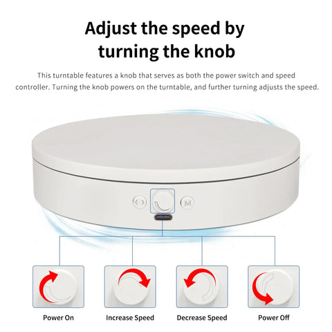 Foxvee 7.87 Inch White Motorized Rotating Display Stand 360 Silent Spinning Turntable speed adjustment knob instructions.