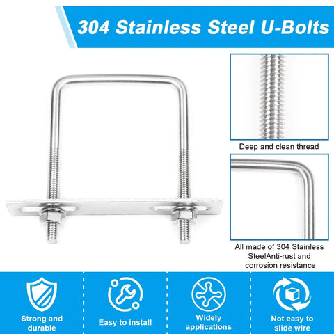4 Pack M6 Square U Bolts With Frame Plates Nuts And Washers Built Tough In 304 Stainless Steel 25mm Inner Width 50mm Length Ideal