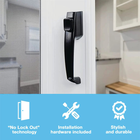Push Button Door Latch For Screen And Storm Doors, Out Swing, 0.75 To 1.25 Inch Thick, No Lock Out Technology, Durable Black Finish