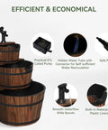 Rustic Wood Barrel 3 Tier Outdoor Water Fountain With Electric Hand Pump Cascading Waterfall for garden, backyard, patio or porch