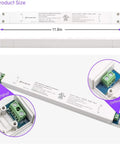 Close-up of 60W Dimmable LED Driver Transformer Power Supply 120V AC To 12V DC, showing input and output terminals, size dimensions visible.