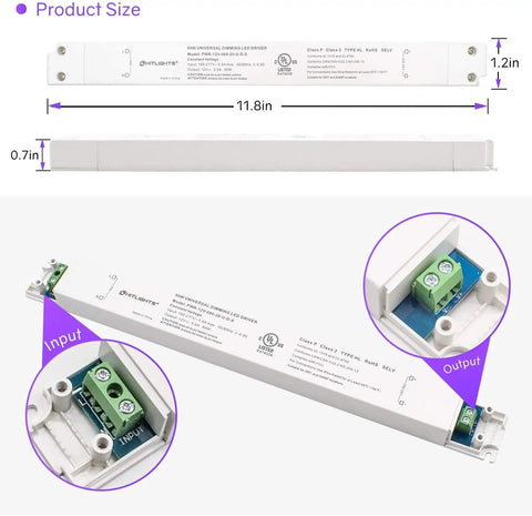 Close-up of 60W Dimmable LED Driver Transformer Power Supply 120V AC To 12V DC, showing input and output terminals, size dimensions visible.