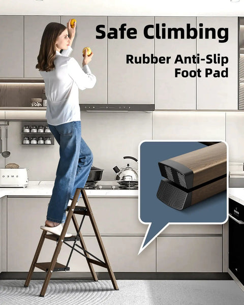 Three Step Foldable Aluminum Stool Ladder For Home Use Go To Lightweight Space Saving Step Stool With Easy Open Close Ideal For Reaching High Cabinets Ceilings Kitchens Garages And Laundry Rooms, woman using 3-step ladder in kitchen
