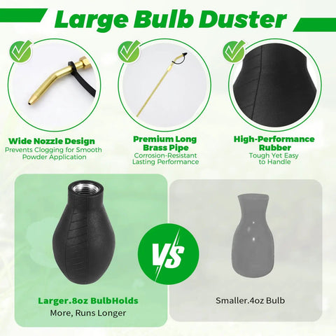 Large bulb duster with wide nozzle, premium long brass pipe, high-performance rubber for diatomaceous earth dusting.