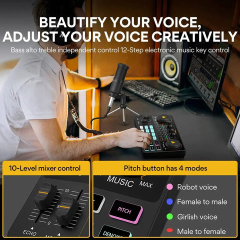 Person using All In One Podcast Studio Bundle With Mixer And USB Audio Interface Plus Condenser Microphone for live streaming on PC