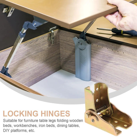 Real-Deal Heavy Duty Foldable Iron Hinges With Self Locking Mechanism installed under a brown table corner for workbenches.