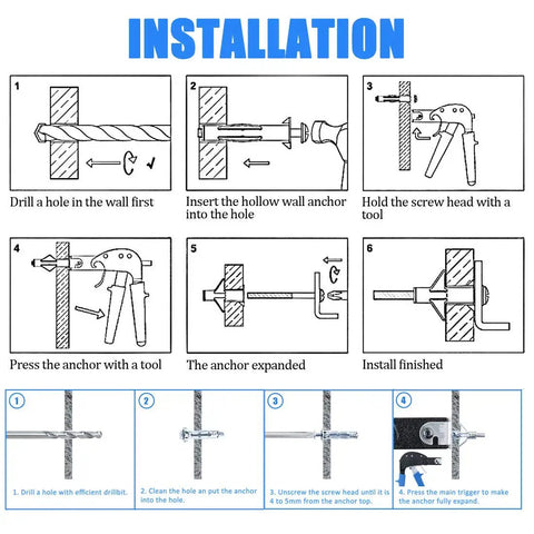 Heavy Duty Wall Anchor Tool In Gun Metal Finish For Hollow Walls And Plasterboard Fixing With Non Slip Rubber Grips, Rugged Beefy Metal Build For Fast, Secure Anchor Installation On Drywall. installation diagram showing drywall anchor tool steps