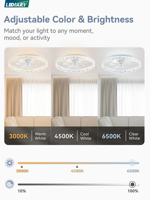 Top Tier 20 Inch Modern Ceiling Fan With Integrated LED Lights And Smart Remote App Control showing adjustable color settings.