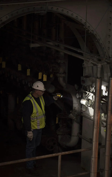 Worker using PolyStinger LED Flashlight With DC Charger And Piggyback Holder, Yellow, 485 Lumens in a dark industrial setting.