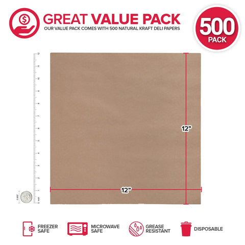 Grease Proof Deli Wrappers 12 X 12 Inch, 500 Pack, Go To Pre Cut Natural Kraft Wax Paper Sheets shown with measurements