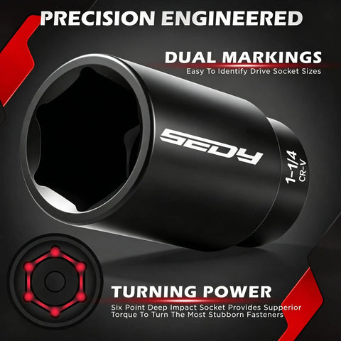 66 Piece One Half Inch Drive Impact Socket Set With Deep And Standard 6 Point Cr-V Sockets SAE Three Eighths To One And A Quarter Inch And Metric Ten To Twenty Four Millimeter Plus Ratchet Extensions Adapters Universal Joint Drill Adapter And Storage Case showing a 1-1/4 inch socket with dual markings
