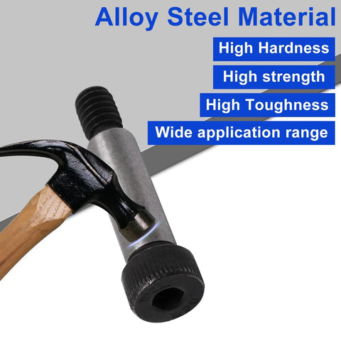 Beefy Alloy Steel Hex Socket Shoulder Screw with 1/2 inch diameter and 1-1/2 inch length shown against hammer for durability demonstration