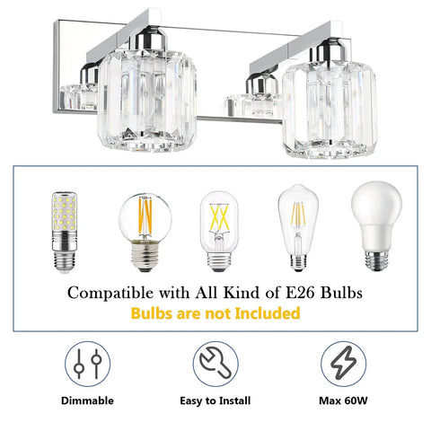Crystal Vanity Lights For Bathroom Stainless Steel Wall Mount Two Light Fixtures Dimmable With E26 Bulb Not Included, front view.