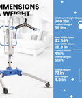 Electric Portable Patient Lift With Folding Design Ultra Lightweight About 70 Lb Frame 340 Lb Capacity Battery Powered Ideal For Home Care And Nursing Bed To Chair To Shower Or Car Transfers Travel Ready with dimensions and weight info displayed alongside.