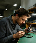 Technician using Coil Pack Inductance Tester For PCB With Indicator Lights A Handy Portable Electromagnetic Inductor Fault Detector