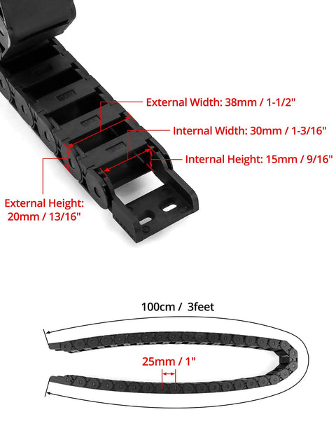 Heavy Duty Cable Drag Chain For Wire Management, Black Plastic Cable Carrier For CNC Machines, 15mm By 30mm Size, Dimensions Shown