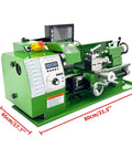 Techtongda Mini Metal Lathe 8X16 inch Benchtop Turning Machine With 1100W Motor Auto Feed showing control panel and dimensions.