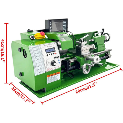 Techtongda Mini Metal Lathe 8X16 inch Benchtop Turning Machine With 1100W Motor Auto Feed showing control panel and dimensions.