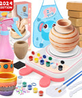 Creative Pottery Wheel Kit For Kids Ages 6-12 With Clay Tools And Painting Set showing wheel, clays, paints, brushes, and pink apron.