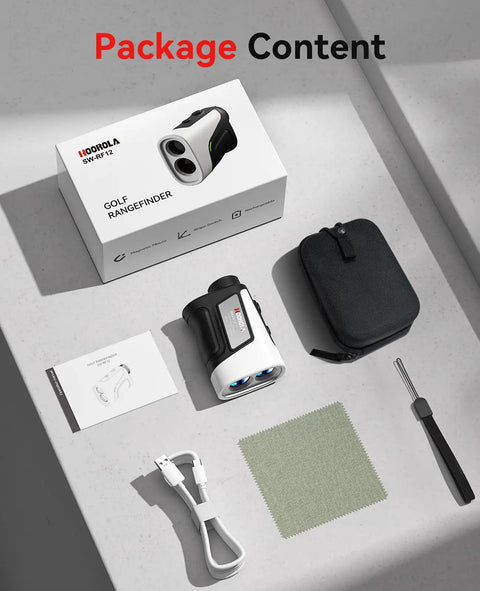 Golf Range Finder With Slope, Flag Lock And 1200 Yard Range, 7X Magnification, IP54 Water Resistant, packaging and accessories
