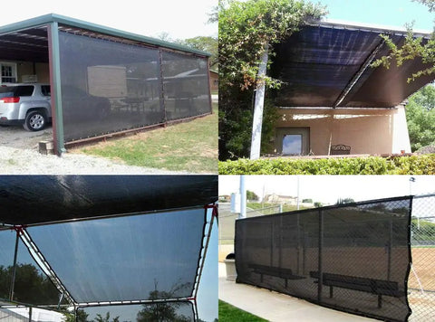 Heavy Duty 10x10 Shade Mesh Tarp with 80 Percent Shade Flat Black Polyethylene Netting over various outdoor structures
