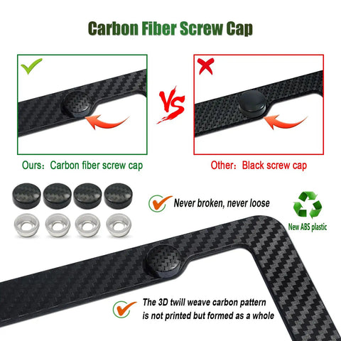 Comparison of Slick Carbon Fiber Look License Plate Frame Set Black Carbon Pattern screw caps and design.