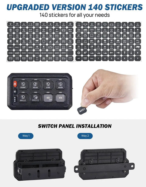 Wireless RGB 8 Gang Switch Panel With 5 Level Brightness For Offroad Lighting Control installation options and stickers.