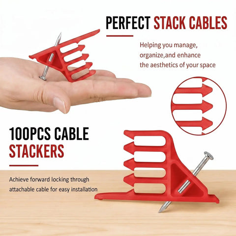 100 Pack Red Plastic Cable Stacker Clips With Nail For Secure Electrical Wire Organization Insulated Cordless Hammer Staple shown in hand.