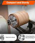 Heavy Duty 3 Inch Steel Wood Lathe Faceplate With 1 Inch By 8 Tpi Thread installed on a lathe, holding wood, eight mounting holes visible